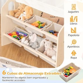 Casa de brincar 6 em 1 em madeira para crianças com quadro negro, secretária, cadeira, 6 cestos, tapete e cortinas para crianças dos 2 aos 6 anos, cor