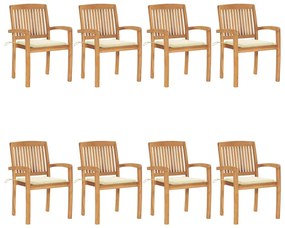 vidaXL Cadeiras de jardim empiháveis c/ almofadões 8 pcs teca maciça