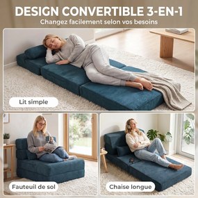 Sofá-cama dobrável 3 em 1, poltrona individual convertível em veludo acanalhado, bolsos laterais, almofada, azul