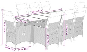 9 pcs conjunto de bistrô para jardim c/ almofadões vime PE bege