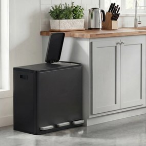 Caixote do lixo com 3 compartimentos, caixote do lixo de 3 x 18 L, 62 x 35,3 x 54 cm com pedal e tampa com fecho suave preto