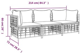 3 pcs conjunto lounge de jardim c/ almofadões vime PE antracite