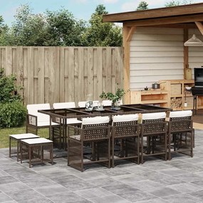 vidaXL 13 pcs conjunto jantar p/ jardim c/ almofadões vime PE castanho