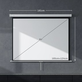 Tela de Projeção de 84 Polegadas Tela de Projetor Manual Formato 4:3 4K  Montagem na Parede ou Teto 181x8x138 cm Branco