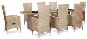 9 pcs conjunto jantar exterior com almofadões vime PE bege