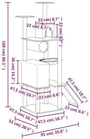 Árvore p/ gatos c/ postes arranhadores sisal 168cm cinza-escuro