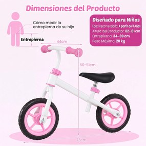 Bicicleta de Equilíbrio Infantil, 73 x 44 x 50 cm, Quadro Metálico Ultraleve, Cor-de-rosa