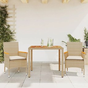 3 pcs conjunto jantar jardim c/ almofadões vime PE/acácia bege