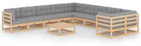 vidaXL 11 pcs conjunto lounge de jardim c/ almofadões pinho maciço