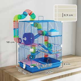 Gaiola para hamster de 4 andares com túneis, comedouro, roda, casinha e escadas – 46 x 30 x 58 cm – azul