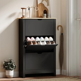 Sapateira com 3 portas 72 (L) x 26 (P) x 112 (A) cm basculantes e 2 compartimentos, em aglomerado de partículas, em cor de carvalho e preto