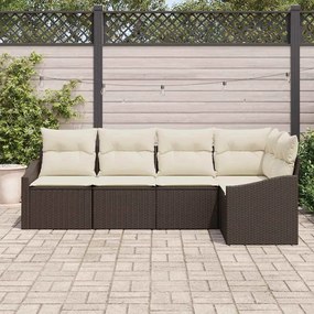 Conjunto de Sofá de Jardim de 5 Peças com Almofadas Marrons em Rattan