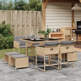 vidaXL 9 pcs conj. jantar jardim c/ almofadões vime PE bege misturado