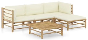 5 pcs conj. lounge p/ jardim em bambu c/ almofadões branco nata