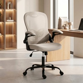 Cadeira de escritório ergonómica, cadeira de escritório em malha, braços rebatíveis, altura ajustável bege