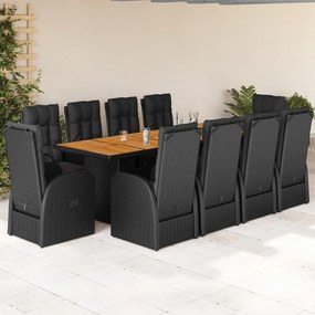 11 pcs conjunto de jantar p/ jardim c/ almofadões vime PE preto