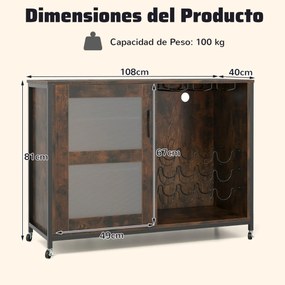 Garrafeira para Vinhos 108 x 40 x 81 cm com Luz LED de Cozinha com Prateleiras Ajustáveis Suportes para Copos e Garrafas Móvel Castanho