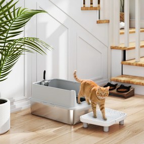 Caixa de Areia XL para Gatos, 60,2 x 40,2 x 29,6 cm, Aço Inoxidável, Cinzento