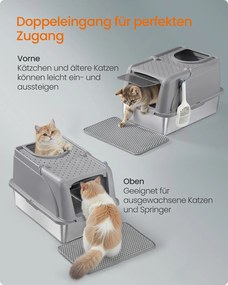 Caixa de areia para gatos em aço inoxidável com pá e escova, cinzenta
