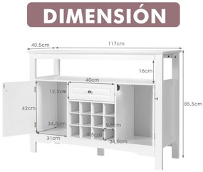 Armário de cozinha Despensa com suporte para garrafas de vinho com 2 armarios de jantar 117 x 40,5 x 82,5 cm Branco