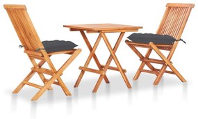 vidaXL Conjunto bistrô c/ almofadões antracite 3 pcs teca maciça