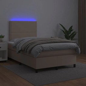 Cama box spring c/colchão/LED 120x200cm couro artif. cappuccino