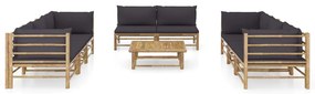 9 pcs conj. lounge jardim em bambu c/ almofadões cinza-escuro