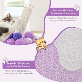 Arranhador para gatos em forma de chá de bolhas Torre para gatos com poste de arranhar em sisal e bola suspensa 67 x 37 x 37 cm roxo e branco