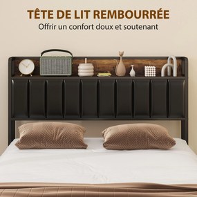 Estrutura de cama de 140 x 190 cm com base de ripas metálicas (COLCHÃO NÃO INCLUIDO), cama de casal estofada com 4 gavetas e prateleira, preta