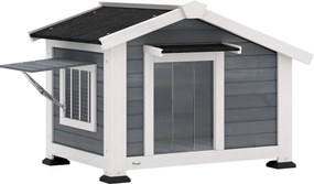 PawHut Casota para Cão resistente às intempéries em madeira com piso removível, telhado de betume, janela abrível 98x76x69,5 cm Cinzento | Aosom Portugal