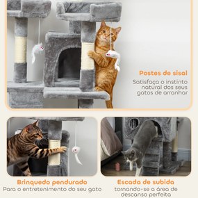 Arranhador para Gatos Arranhador de Gatos 153 cm com 2 Cavernas 3 Camas 2 Rampas Postes de Sisal e 2 Ratos Pendentes Cinzento
