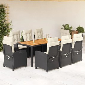 vidaXL 9 pcs conjunto de jantar p/ jardim c/ almofadões vime PE preto
