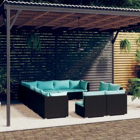 12 pcs conjunto lounge de jardim c/ almofadões vime PE preto