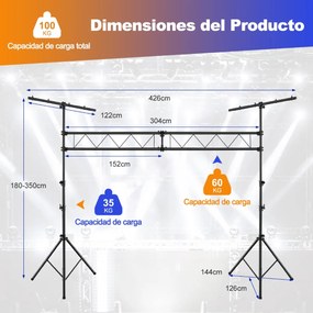 Suporte de luz de metal profissional com ajuste de altura 180-350 cm com hastes extensíveis e 32 pontos de montagem para bandas, salões de festas