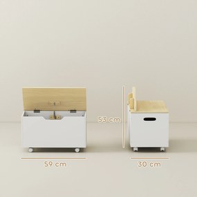 Baú de Brinquedos com Rodas com Tampa Abatível e Dobradiça de Segurança Desenho de Nuvem  59x30x53 cm Branco e Madeira