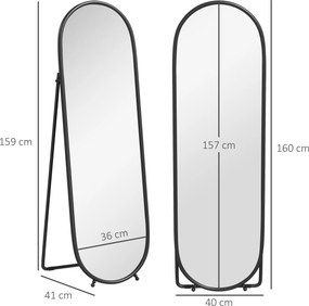 Espelho grande com suporte, espelho oval, moldura em metal preto, com suporte para a entrada, quarto ou vestiário, 40 x 160 cm preto