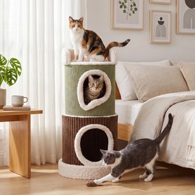 Casa para gatos de 3 andares com interior 41 x 85 cm, com plataforma superior almofadada, 2 cavernas, almofada lavável, móvel em forma de barril, árvo