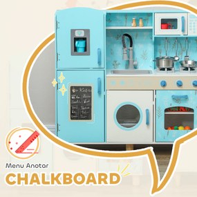 Cozinha de Madeira para Crianças com Sons Fogão Forno Micro-Ondas Máquina de Gelo e Acessórios 90x33,3x91,6 cm Azul