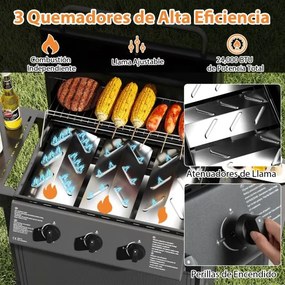 Grelha a gás com 3 queimadores, 24000 BTU, com tampa de grelha em aço inoxidável e mesas laterais para churrasco preto