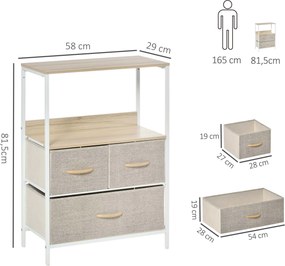 Cómoda com 3 gavetas em tecido, prateleira e tampo superior, 58 x 29 x 81,5 cm branco