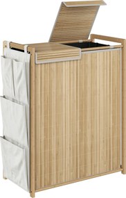 HOMCOM Cesto de Roupa Suja em Bambu com Tampa, 120L, com 2 Sacos com Cordão Removíveis e Laváveis, Bolsos Laterais 63x33x78 cm Madeira | Aosom Portugal