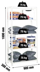 Estante com 5 Prateleiras METÁLICA ADVANTAGE 5/300 BRANCO Casa, Escritório, Garagem, Despensa, Sotão Capacidade P/ prateleira 75 Kg Dimensões 1800x900