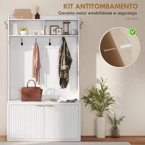 Móvel Cabide de Entrada com Sapateira Prateleiras Abertas e 6 Ganchos Estilo Moderno 100x38x172 cm Branco
