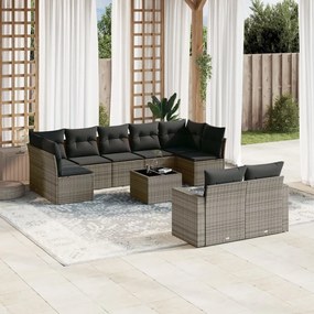 10 pcs conjunto sofás de jardim c/ almofadões vime PE cinzento