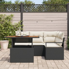 Conjunto de Sofá de Jardim de 5 Peças com Almofadas Preto Rattan Polié