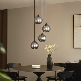 Candeeiro suspenso Art Deco preto com vidro fumado 4 luzes - Wallace