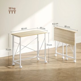 Secretária Dobrável com Rodas Mesa de Secretária Compacta Portátil para Espaços Pequenos 80x40x75 cm Madeira e Branco