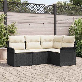 vidaXL Conjunto de Sofá de Jardim 4 Peças com Almofadas Pretas em Rattan de Poliéster