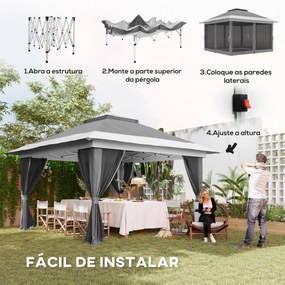 Pérgola Dobrável 356x356x280 cm com 4 Paredes Laterais de Malha Anti-UV Altura Ajustável e Bolsa de Transporte Cinza Escuro