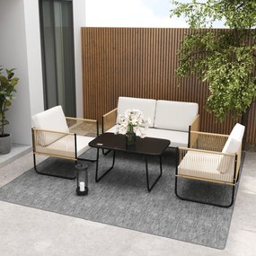 Conjunto de jardim de 4 peças com sofá de 2 lugares, 2 poltronas, 1 mesa de centro de vidro e almofadas – branco creme